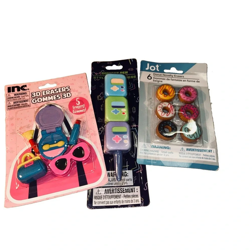 Lot of 3 Novelty Erasers Packs 3D Makeup Girly Donuts Gamer Stackable Pencil NWT